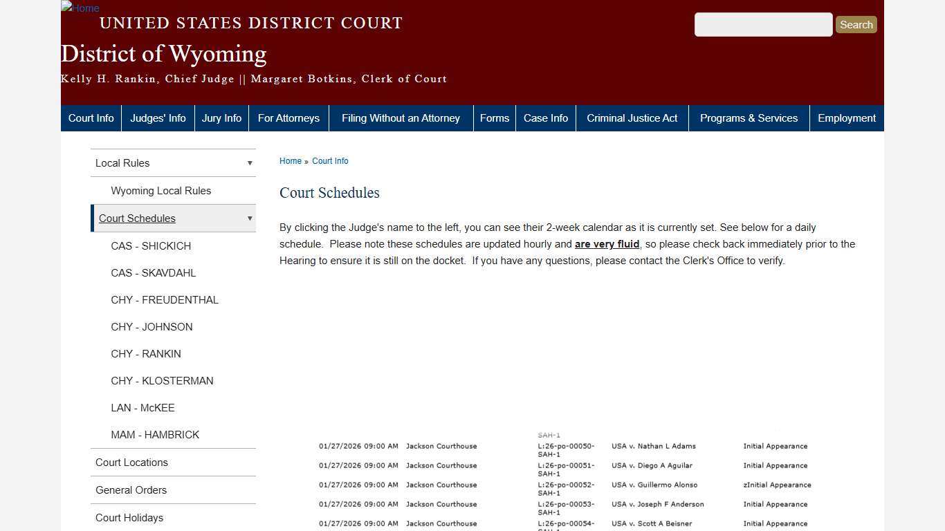 Court Schedules District of Wyoming United States District Court