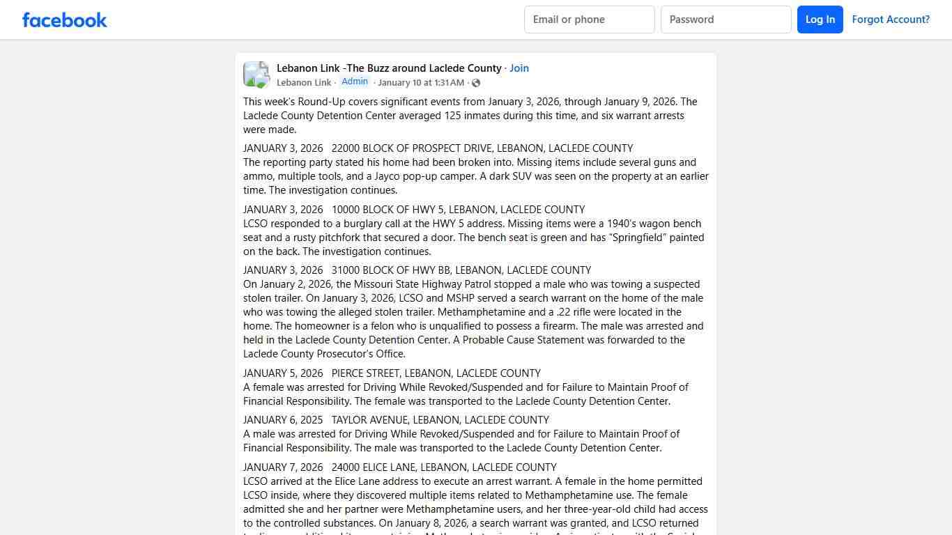 Lebanon Link -The Buzz around Laclede County This week’s Round-Up covers significant events from January 3, 2026, through January 9, 2026 Facebook